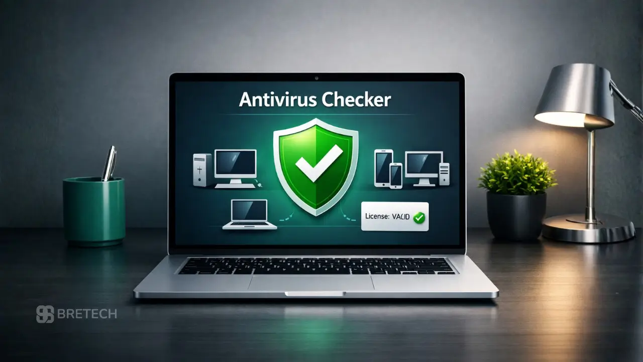 Laptop displaying antivirus checker with green shield