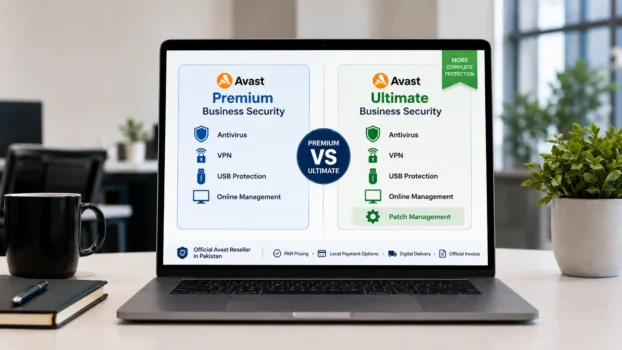 Laptop displaying Avast Premium vs Ultimate comparison