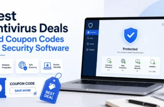 Laptop showing antivirus protection and coupon deals