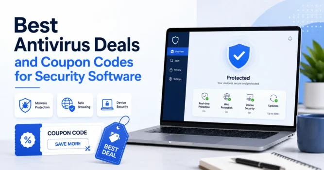 Laptop showing antivirus protection and coupon deals