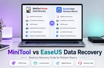 Laptop comparing MiniTool and EaseUS data recovery software