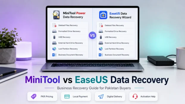 Laptop comparing MiniTool and EaseUS data recovery software