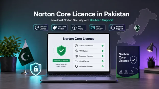 Norton Core Licence promotion with laptop and Pakistan flag