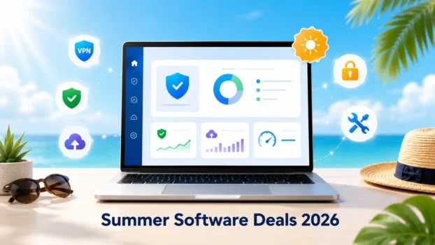 Laptop displaying software dashboard on beach table