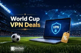 Laptop with VPN shield on soccer field