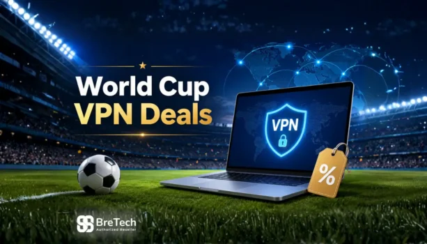 Laptop with VPN shield on soccer field
