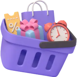 Purple shopping basket with gifts and sale items