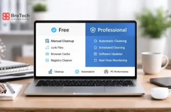 Laptop displaying Free vs Professional software comparison