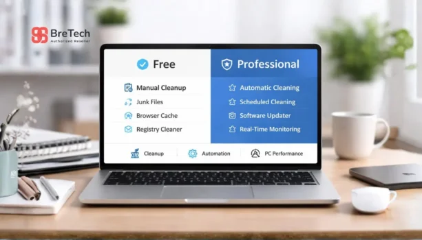Laptop displaying Free vs Professional software comparison
