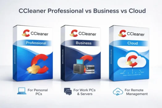 CCleaner Professional, Business, and Cloud product boxes