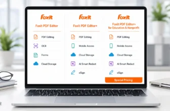 Laptop displaying Foxit PDF Editor pricing plans comparison