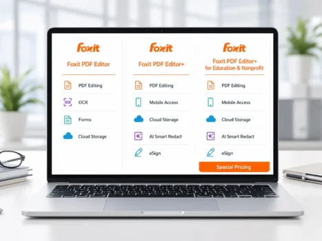 Laptop displaying Foxit PDF Editor pricing plans comparison