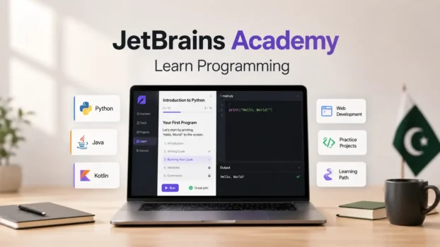 Laptop displaying JetBrains Academy programming courses