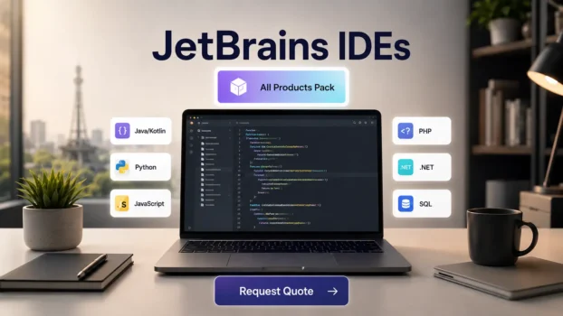 JetBrains IDEs on laptop with programming language icons