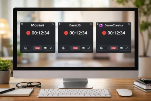 Computer monitor displaying three screen recording software interfaces