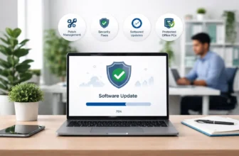 Laptop displaying software update progress in office