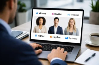 Laptop comparing Vidnoz, HeyGen, and Synthesia AI avatars