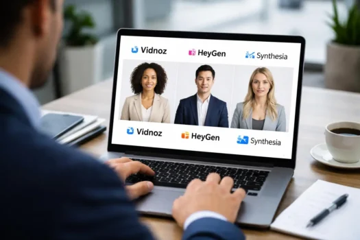 Laptop comparing Vidnoz, HeyGen, and Synthesia AI avatars