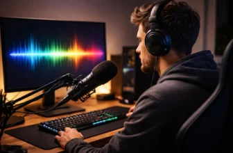 Podcaster wearing headphones records audio at a computer desk.
