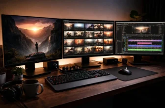 Triple-monitor workstation displaying cinematic landscape editing workflow