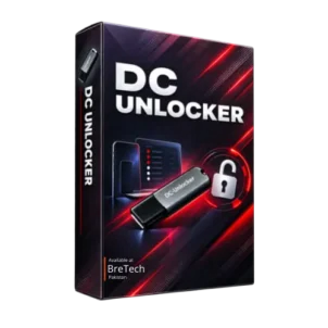 DC Unlocker software box with modem, USB device, and padlock