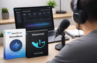 Person uses voice changer software with microphone and headphones.