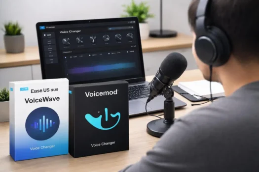 Person uses voice changer software with microphone and headphones.