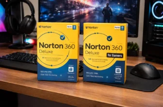 Norton 360 Deluxe software boxes on gaming desk