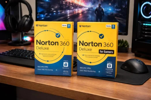 Norton 360 Deluxe software boxes on gaming desk