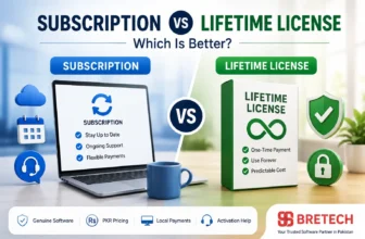 Subscription vs lifetime license software comparison graphic