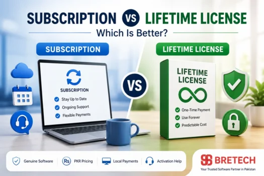 Subscription vs lifetime license software comparison graphic